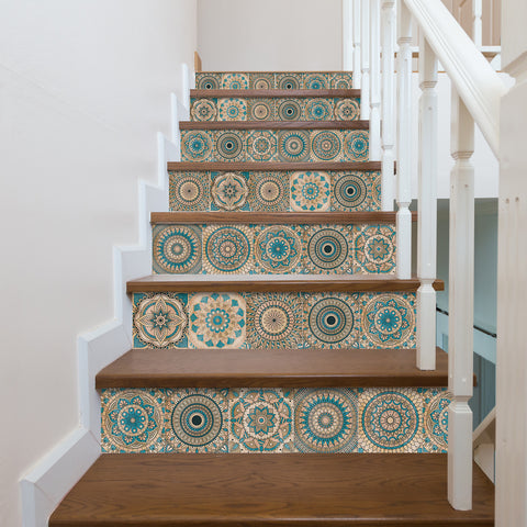 Blue-brown mandala tile stickers: a perfect fusion of retro and art