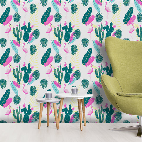 Tropical Vibe Forest Wallpaper - Vivid Pink Flamingos and Dark Green Cacti in a Whimsical Design