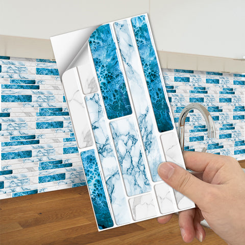 Blue and White Splicing Marble Texture Floor Stickers Peel and Stick