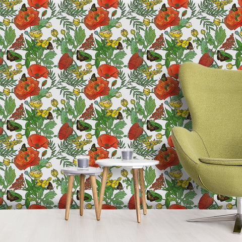 Garden Vibe Forest Wallpaper - Vibrant Red Poppies and Colorful Butterflies in Lively Design