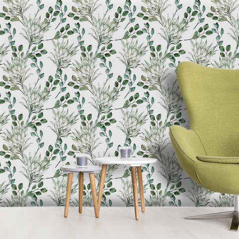 Natural Style Forest Wallpaper - Fresh Green Plants with Delicate Linework Elegance