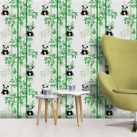 Adorable Panda Forest Wallpaper - Fresh Green Bamboo and Playful Pandas in a Cheerful Design