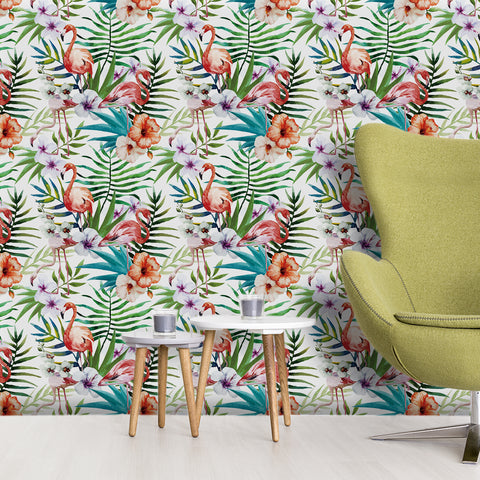 Tropical plants and flowers with flamingos forest wallpaper