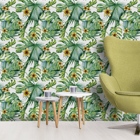 Tropical Floral Forest Wallpaper - Fresh Green Leaves with Bright Yellow Flowers in Natural Harmony