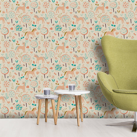 Fresh literary style: cartoon ponies and plants painted in the forest wallpaper