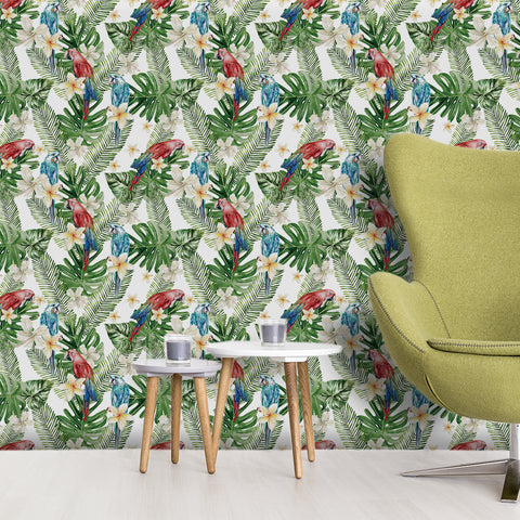 Plantain greenery with flowers and birds in the forest wallpaper