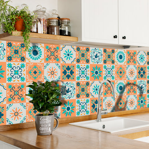 Fresh orange and blue: the vibrant beauty of tile stickers