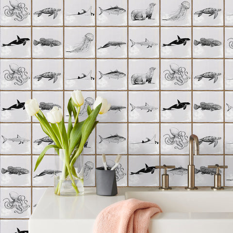 White with Sea Creature Square Nature Tile Stickers