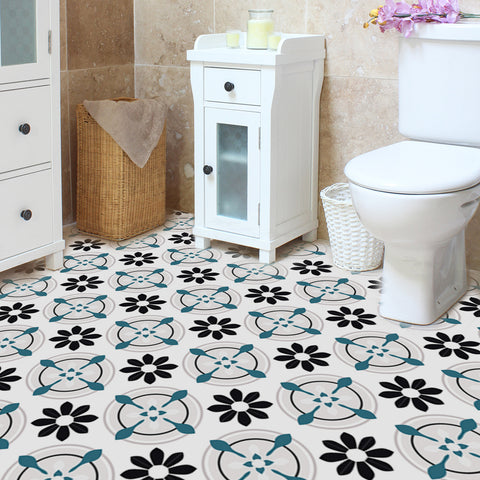 Stylish Teal and Black Decorative Flower Tile