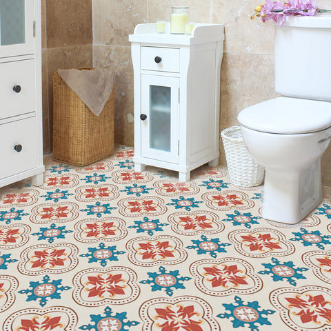 Vibrant Red Blue Floral Pattern Tile