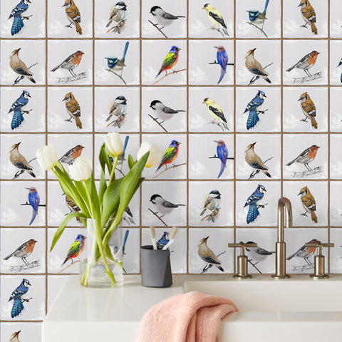 White with Birds Vintage Square Nature Tile Stickers