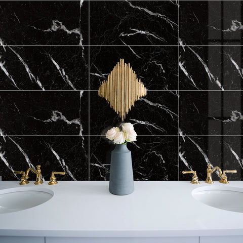 Black Marble Floor Tile Mirror Like Easy Installation Peel and Stick Environmentally Friendly