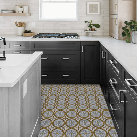 Black Gold Floral Floor Tile Stickers Retro Peel and Stick Geometric Easy Apply