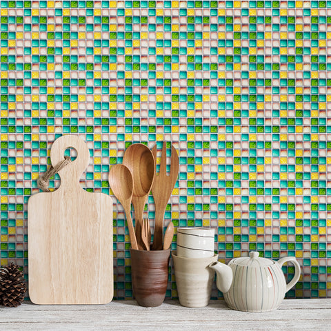 Green and Orange Stone Wallpaper Stone Texture Mosaic Fresh Wall Tiles 25pcs Peel and Stick