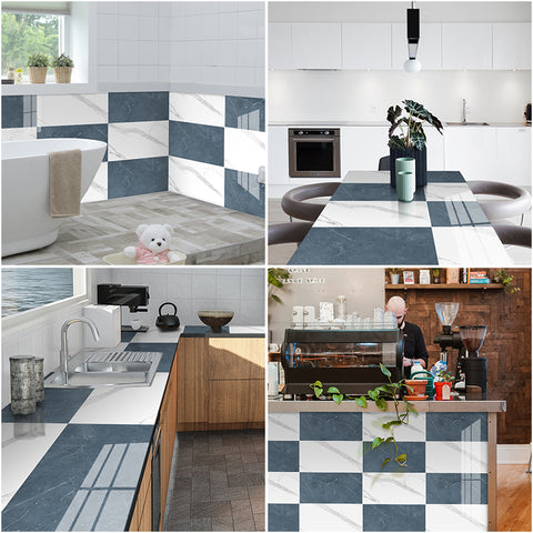 Blue and white Marble Floor Tile Mirror Like Environmentally Friendly Easy Installation Peel and Stick