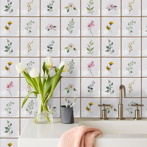 White with Floral Vintage Square Tile Stickers