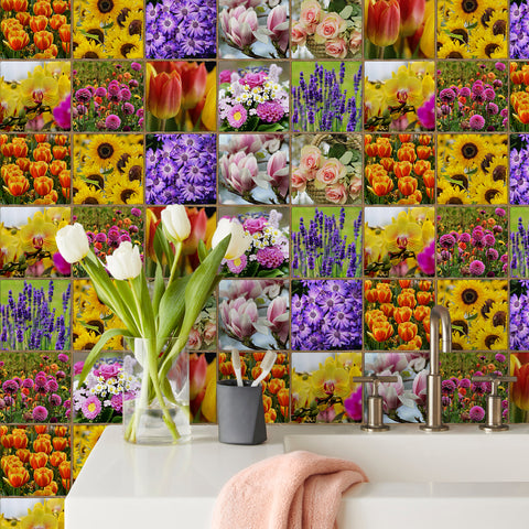 Purple and Yellow Flower Fantasy Square Nature Tile Stickers 10PCS