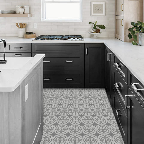 Grey Floral Floor Tile Stickers Retro Peel and Stick Geometric Easy Apply