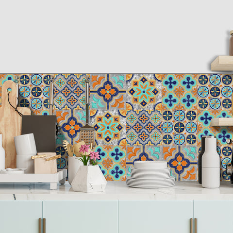 Vibrant orange and blue: the fashionable rhythm of tile stickers