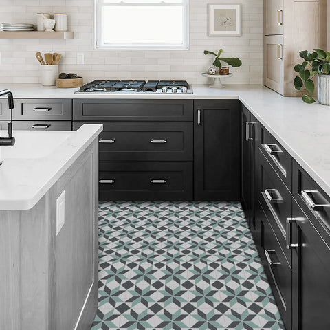 Grey and Green Geometric Flower Floor Tile Stickers Peel and Stick Modern