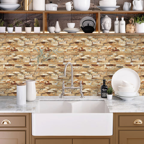 Brown and White Rustic Stone Tile Stickers Country Style Rock Wallpapers 10 Pcs