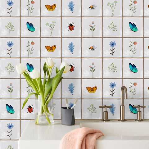 White with Colorful Butterfly Flower Square Nature Tile Stickers 10PCS