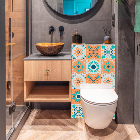 Fresh orange and blue: the vibrant beauty of tile stickers