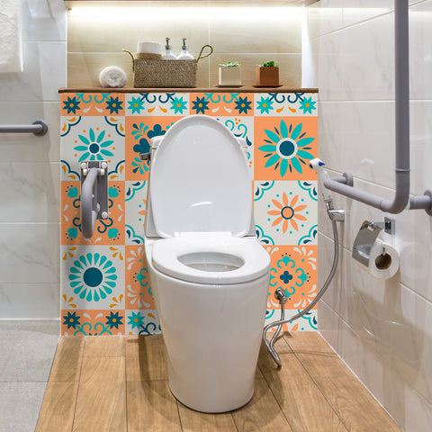 Fresh orange and blue: the vibrant beauty of tile stickers