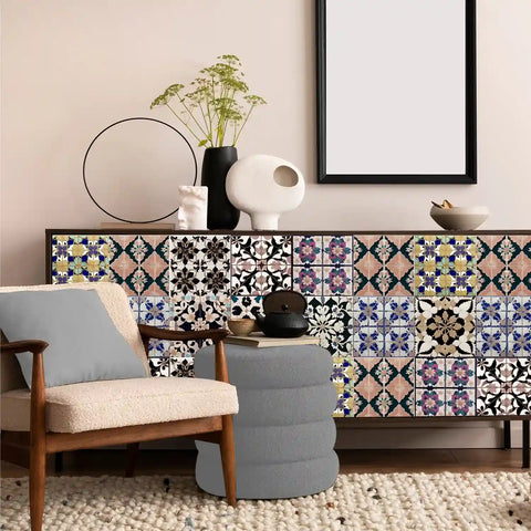 Artistic floral tile stickers make the space bloom with elegance