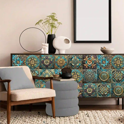 Fresh green and gold tone: the natural elegance of tile stickers