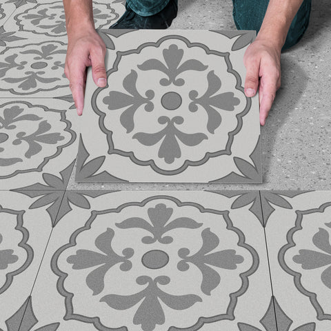 Grey Floral Floor Tile Stickers Retro Peel and Stick Geometric Easy Apply