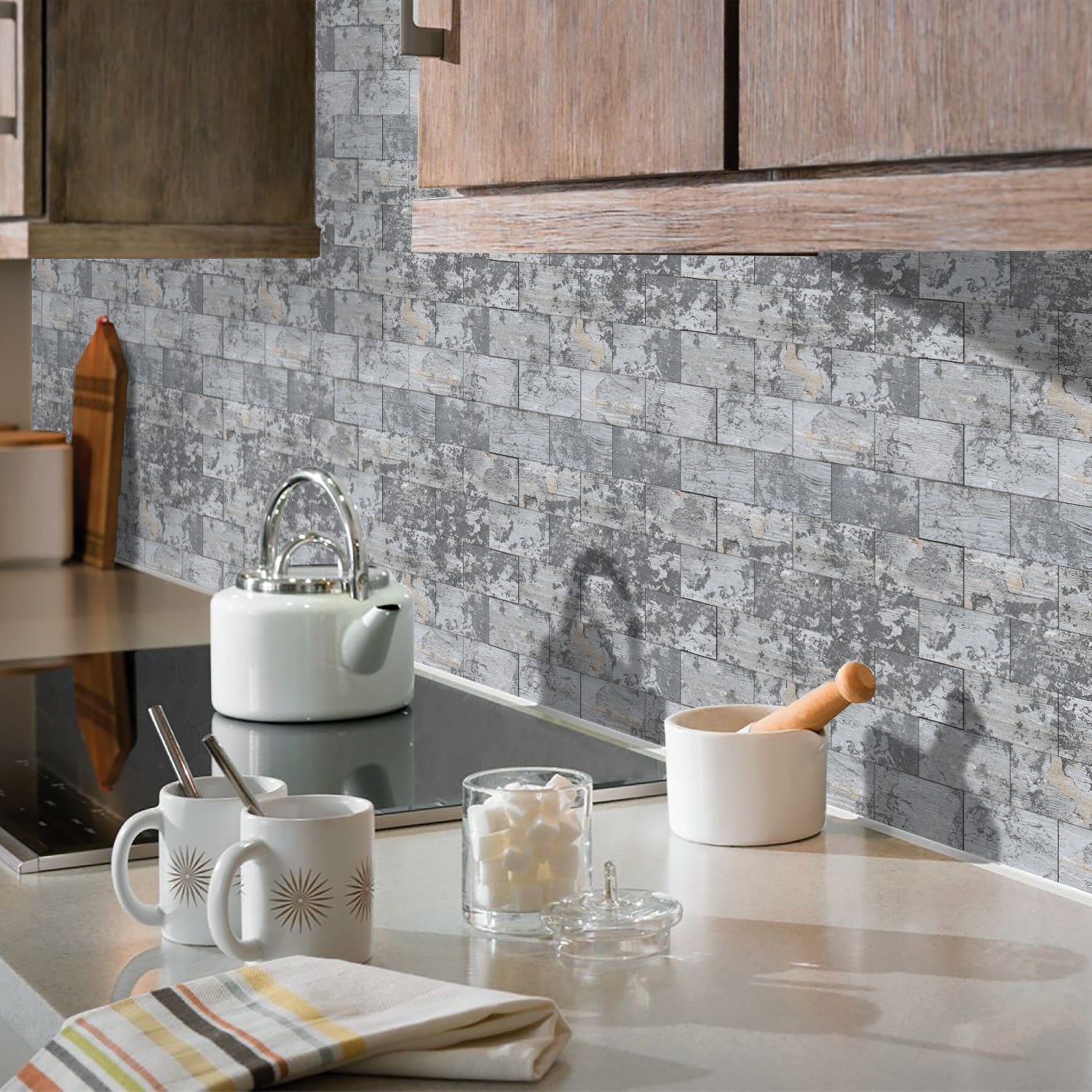 grey stone look wallpaper for kitchen