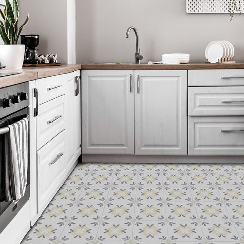 Gray and Beige Floral Floor Tile Stickers Geometrical Peel and Stick
