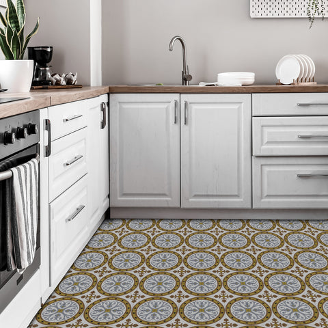 Black Gold Floral Floor Tile Stickers Retro Peel and Stick Geometric Easy Apply
