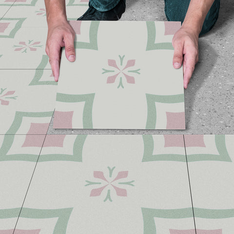 Pink and Green Geo-Floral Pattern Floor Tile Stickers Peel and Stick Flower