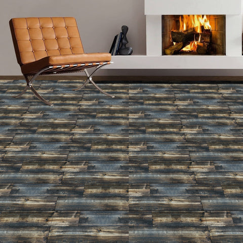 Vintage Weathered Wood Effect Self-Adhesive Flooring in Dark Brown and Blue Tones