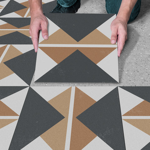 Gray and Brown Triangles Pattern Floor Tile Stickers Peel and Stick Geometrical