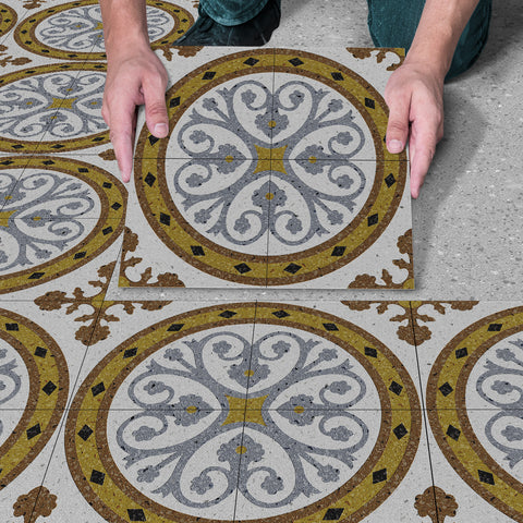 Black Gold Floral Floor Tile Stickers Retro Peel and Stick Geometric Easy Apply