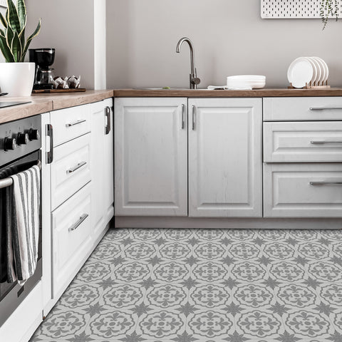 Grey Floral Floor Tile Stickers Retro Peel and Stick Geometric Easy Apply