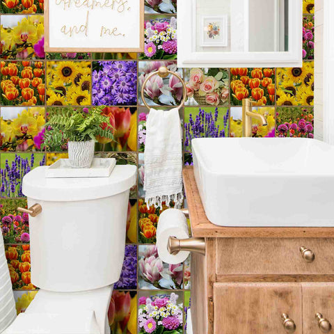 Provence Brick Decal Unique Floral Wall Decals, Personalized Peel and Stick for Living Room & Kitchen Backsplash Easy to Remove