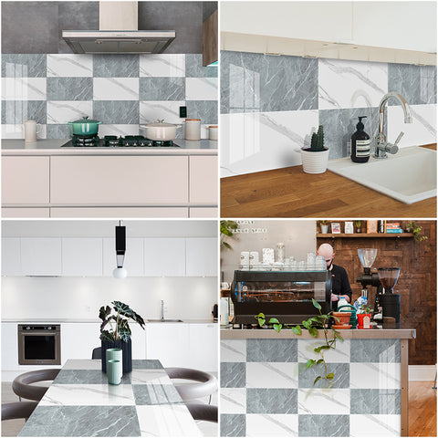 White and Gray Peel and Stick Marble Floor Tile Mirror Like Easy Installation Environmentally Friendly
