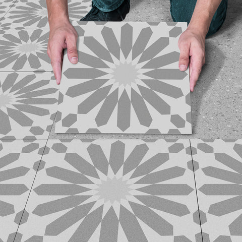 Grey Sun Flower Floor Tile Stickers Peel and Stick Modern Geometric