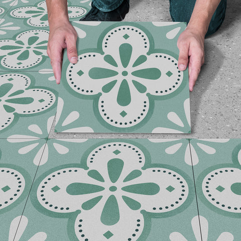 Green and Beige Floral Floor Tile Stickers Peel and Stick Geometrical