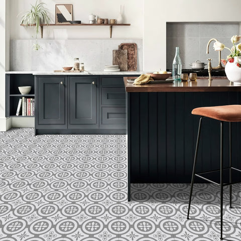 Gray and White Floor Stickers Marble Texture Tile Modern Peel and Stick Geometric