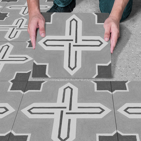 Grey Cross Shaped Marble Floor Tile Decals Peel and Stick