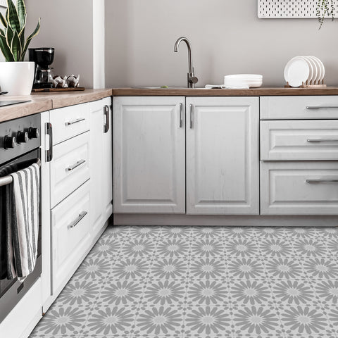 Grey Sun Flower Floor Tile Stickers Peel and Stick Modern Geometric