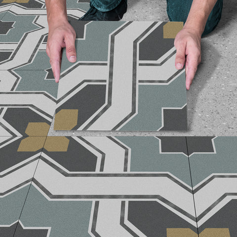 Green Geometrical Pattern Floor Tile Stickers Peel and Stick