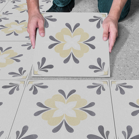 Gray and Beige Floral Floor Tile Stickers Geometrical Peel and Stick