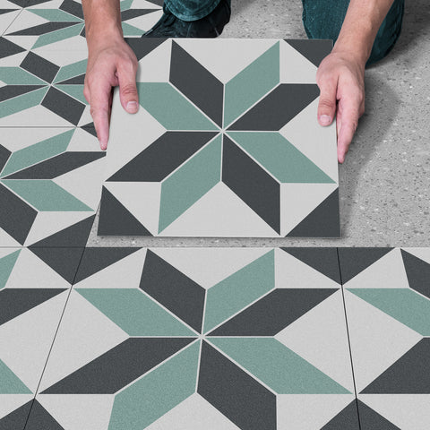 Grey and Green Geometric Flower Floor Tile Stickers Peel and Stick Modern