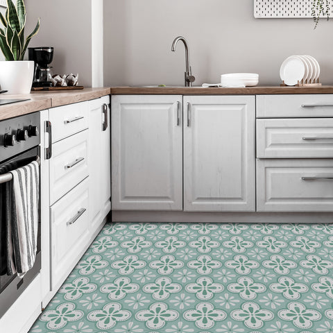 Green and Beige Floral Floor Tile Stickers Peel and Stick Geometrical